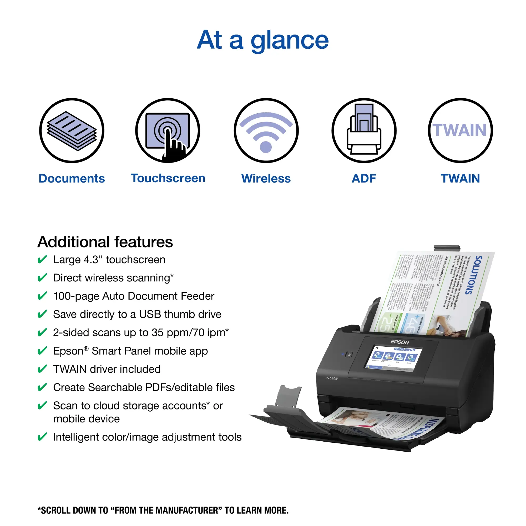 Epson - WorkForce ES-580W Wireless Duplex Touchscreen Desktop Document Scanner - Black