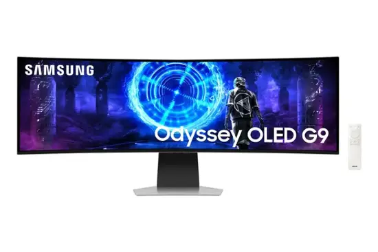 Samsung - 49" Odyssey QD-OLED G9 Curved Dual-QHD 240Hz FreeSync Prem Pro and G-Sync Compatible Smart Glare Free Gaming Monitor - SILVER