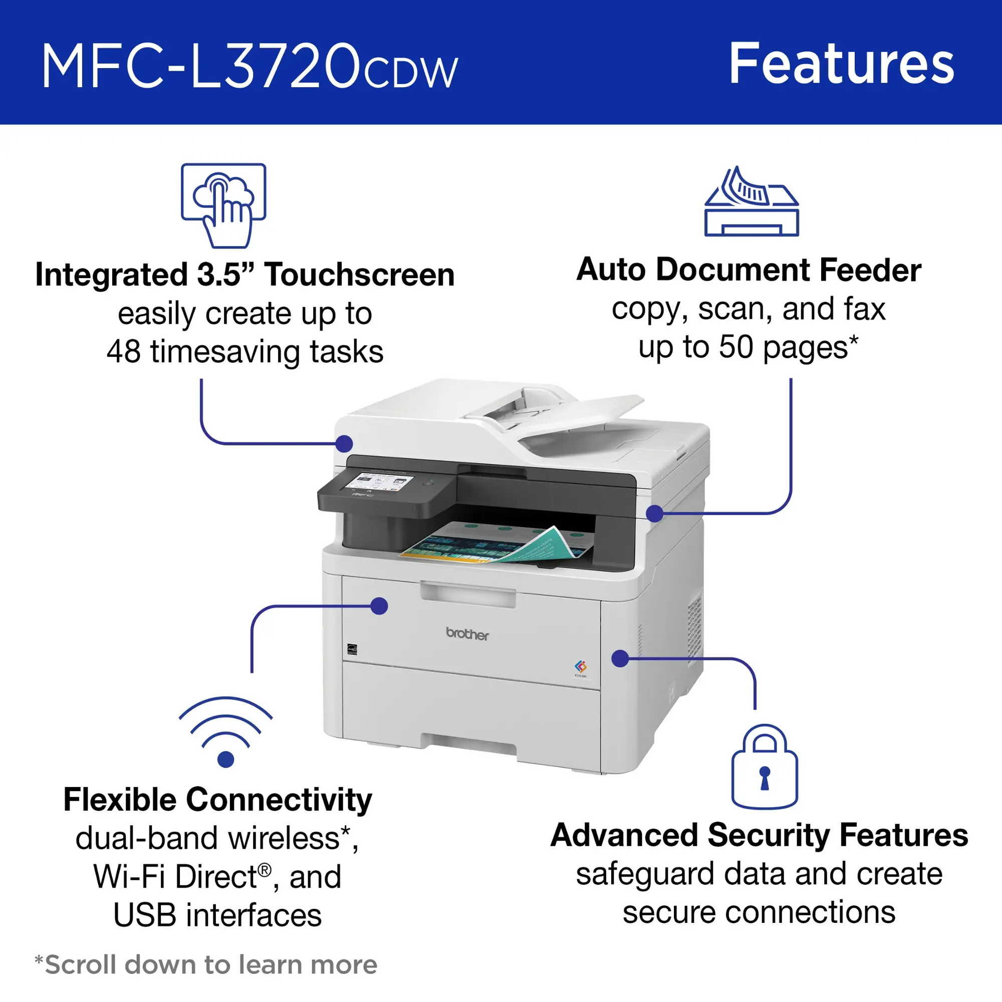 Brother - MFC-L3720CDW Wireless Digital Color All-in-One Printer with Laser Quality Output and Refresh Subscription Eligibility - White