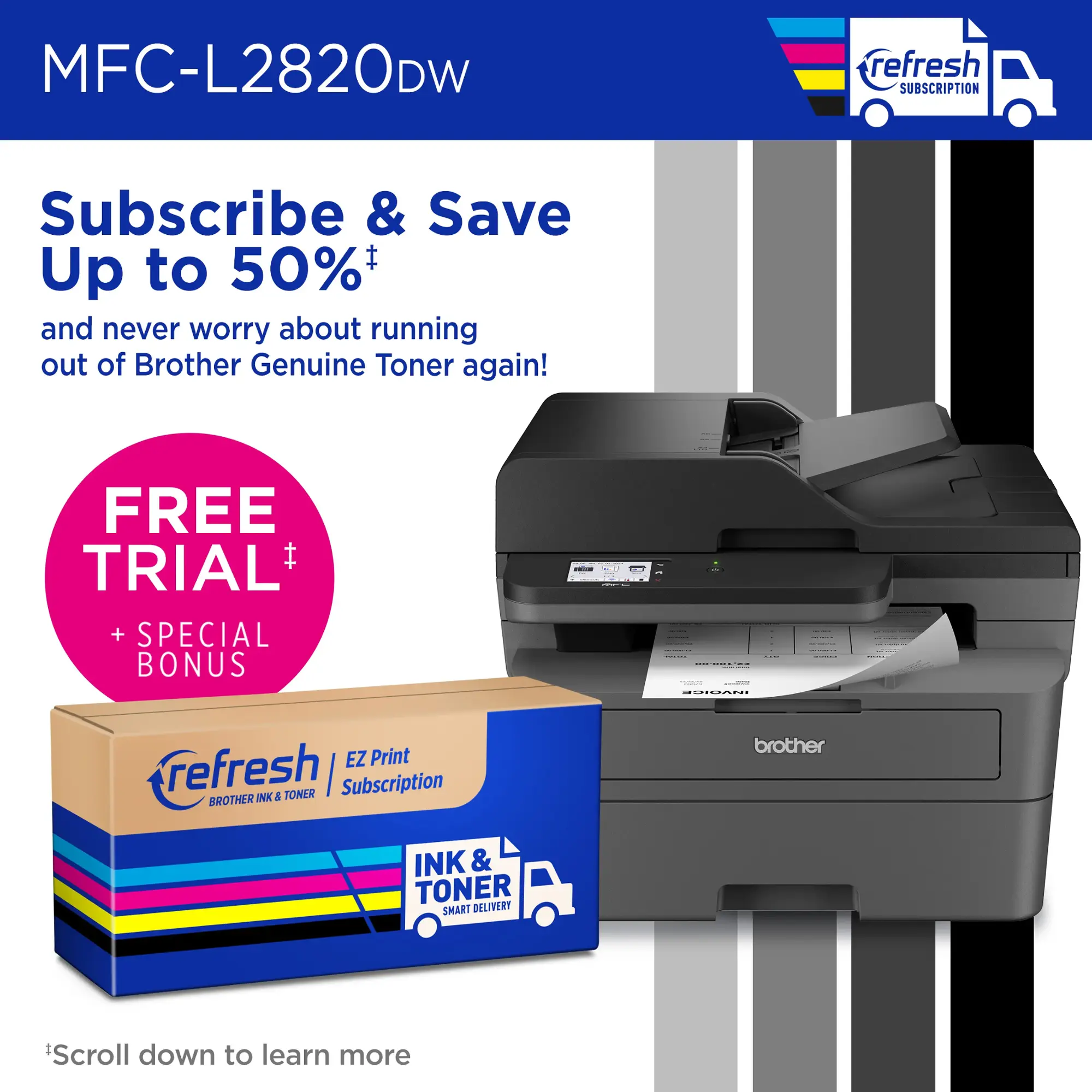 Brother - MFC-L2820DW Wireless Black-and-White Refresh Subscription Eligible All-In-One Laser Printer - Gray