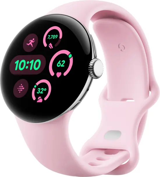 Google - Pixel Watch 3 (41mm) Smartwatch with Rose Quartz Band - Wi-Fi - Polished Silver-Polished Silver