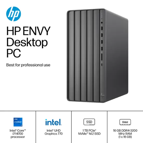 HP - Envy Desktop - Intel Core i7 - 16GB Memory - 1TB SSD - Black-Intel Core i7 14th Generation-16 GB Memory-1 TB-Black