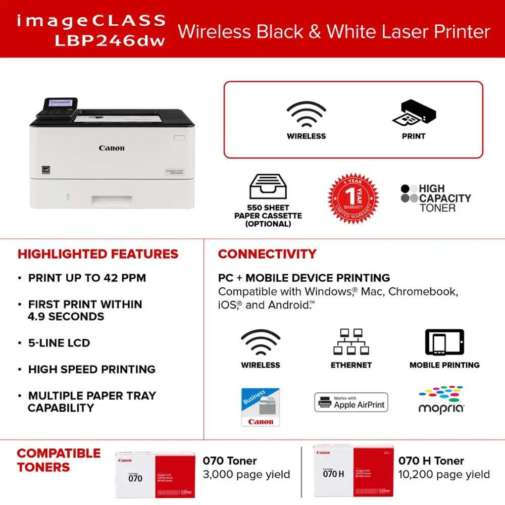 Canon - imageCLASS LBP246dw Wireless Black-and-White Laser Printer - White