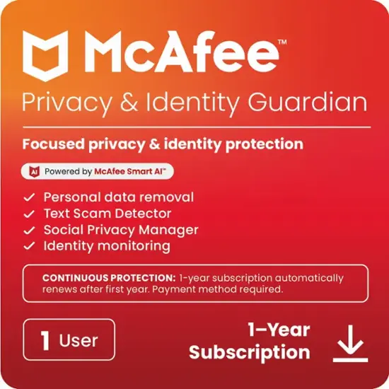 McAfee - Privacy & Identity Guardian Online Protection + ID Monitoring + Cleanup for 12 Months, auto-renews at $99.99 first year - Android, Apple iOS, Chrome, Mac OS, Windows [Digital]