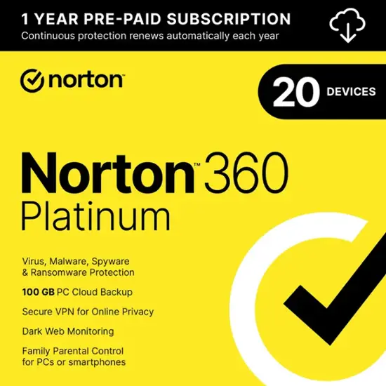 Norton - 360 Platinum (20 Device) Antivirus Internet Security Software + VPN + Dark Web Monitoring (1 Year Subscription) - Android, Mac OS, Windows, Apple iOS [Digital]