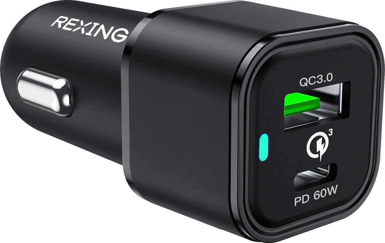 Rexing - 78W Vehicle Quick Charger with 1 USB-C & 1 USB Port Compatible with iPhone and Samsung Note - Black-Black