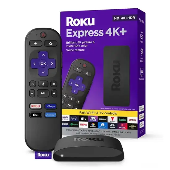 Roku Express 4K+ | Streaming Player HD/4K/HDR with Roku Voice Remote with TV Controls, includes Premium HDMI Cable - Black-Black