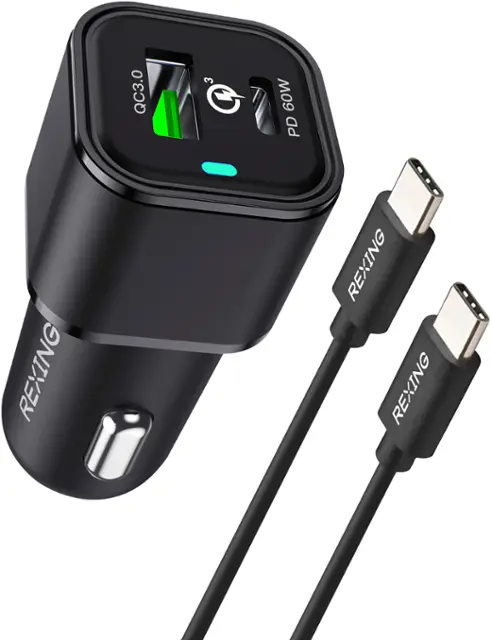 Rexing - 78W Vehicle Quick Charger with 1 USB-C & 1 USB Port Compatible with iPhone and Samsung Note - Black-Black