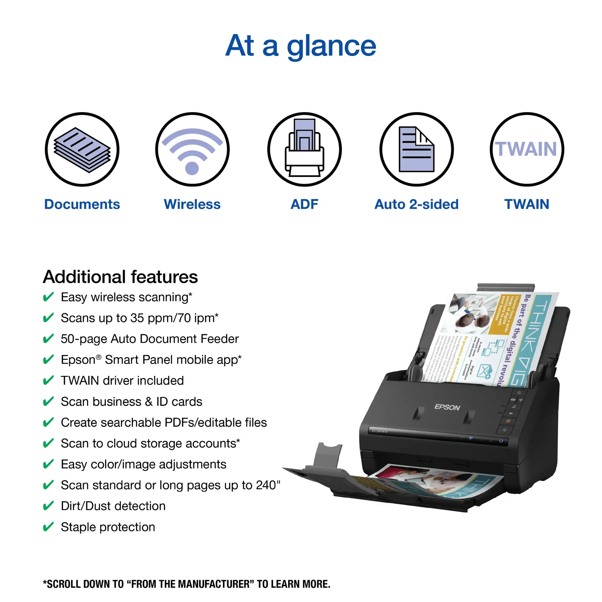 Epson - WorkForce ES-500W II Wireless Duplex Desktop Document Scanner - Black-Black