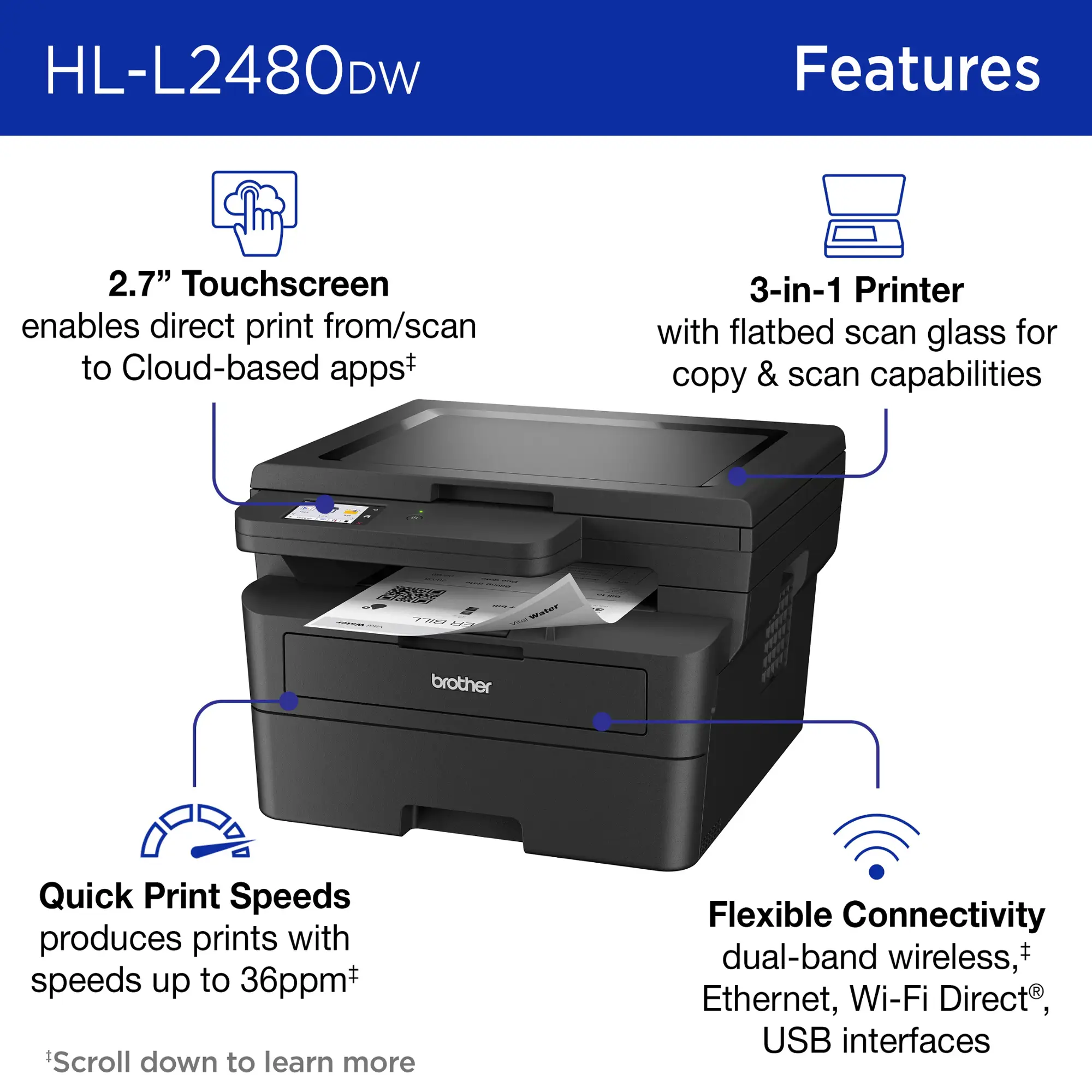 Brother - HL-L2480DW Wireless Black-and-White Refresh Subscription Eligible 3-in-1 Laser Printer - Gray