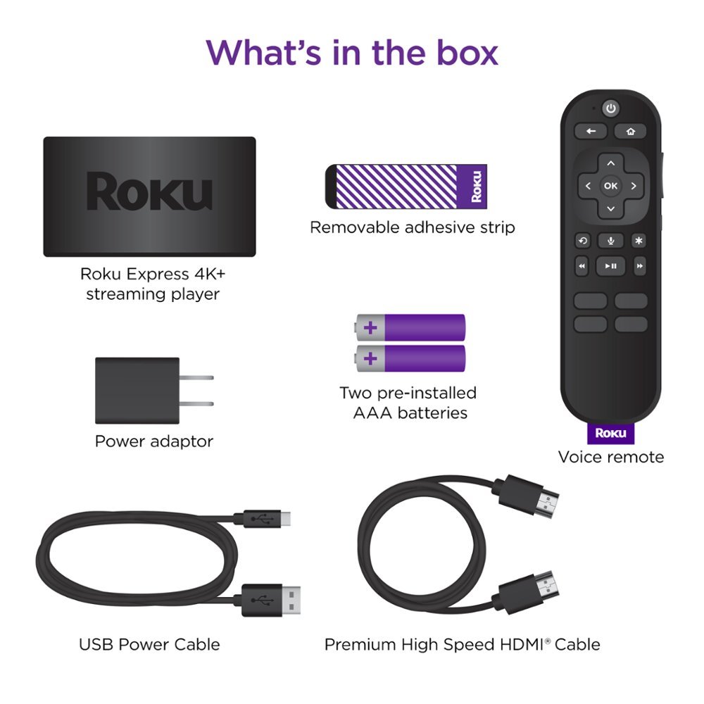 Roku Express 4K+ | Streaming Player HD/4K/HDR with Roku Voice Remote with TV Controls, includes Premium HDMI Cable - Black-Black