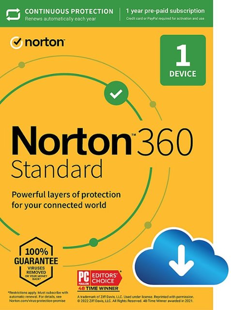 Norton - 360 Standard (1 Device) Antivirus Internet Security Software + VPN + Dark Web Monitoring (1 Year Subscription) - Android, Mac OS, Windows, Apple iOS [Digital]-Multi