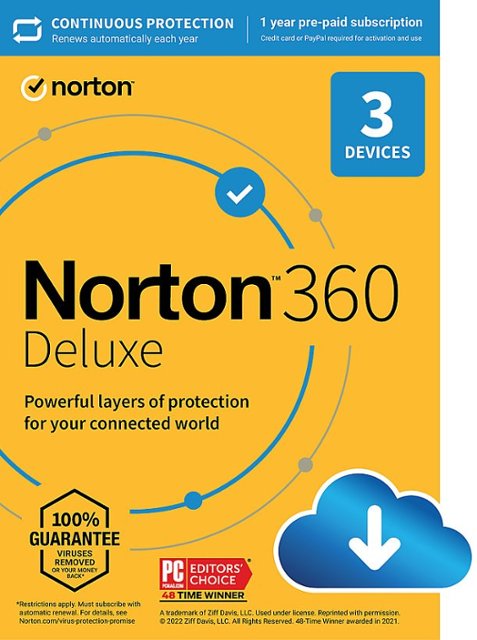 Norton - 360 Deluxe (3 Device) Antivirus Internet Security Software + VPN + Dark Web Monitoring (1 Year Subscription) - Android, Mac OS, Windows, Apple iOS [Digital]-Multi