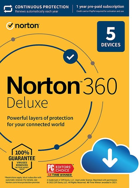 Norton - 360 Deluxe (5 Device) Antivirus Internet Security Software + VPN + Dark Web Monitoring (1 Year Subscription) - Android, Mac OS, Windows, Apple iOS [Digital]-Multi