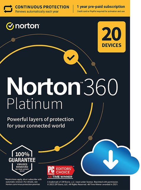 Norton - 360 Platinum (20 Device) Antivirus Internet Security Software + VPN + Dark Web Monitoring (1 Year Subscription) - Android, Mac OS, Windows, Apple iOS [Digital]-Multi