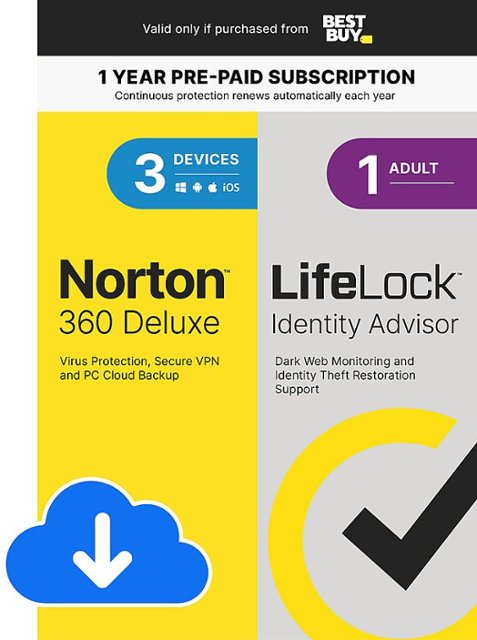 Norton - 360 Deluxe (3 Device) with LifeLock Identity Advisor (1 Adult) Internet Security Software + VPN (1 Year subscription) - Android, Apple iOS, Mac OS, Windows [Digital]-Multi