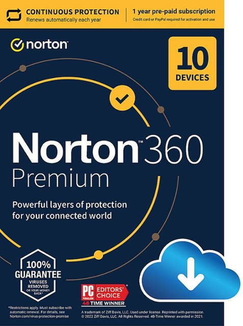 Norton - 360 Premium (10-Device) Antivirus Internet Security Software + VPN + Dark Web Monitoring (1 Year Subscription) - Android, Mac OS, Windows, Apple iOS [Digital]-Multi