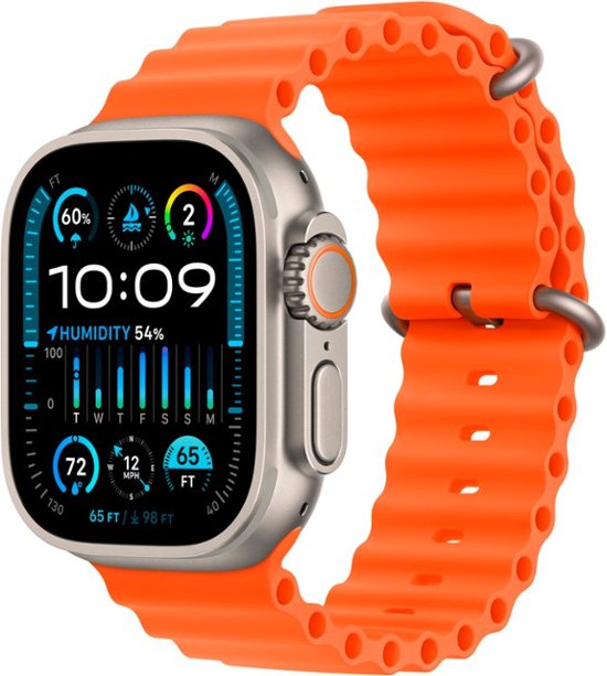 Apple Watch Ultra 2 (GPS + Cellular) 49mm Titanium Case with Orange Ocean Band - Titanium-Titanium - Ocean - Orange