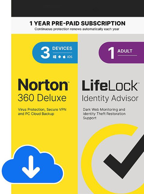 Norton - 360 Deluxe (3 Device) with LifeLock Identity Advisor (1 Adult) Internet Security Software + VPN (1 Year subscription) - Android, Apple iOS, Mac OS, Windows [Digital]