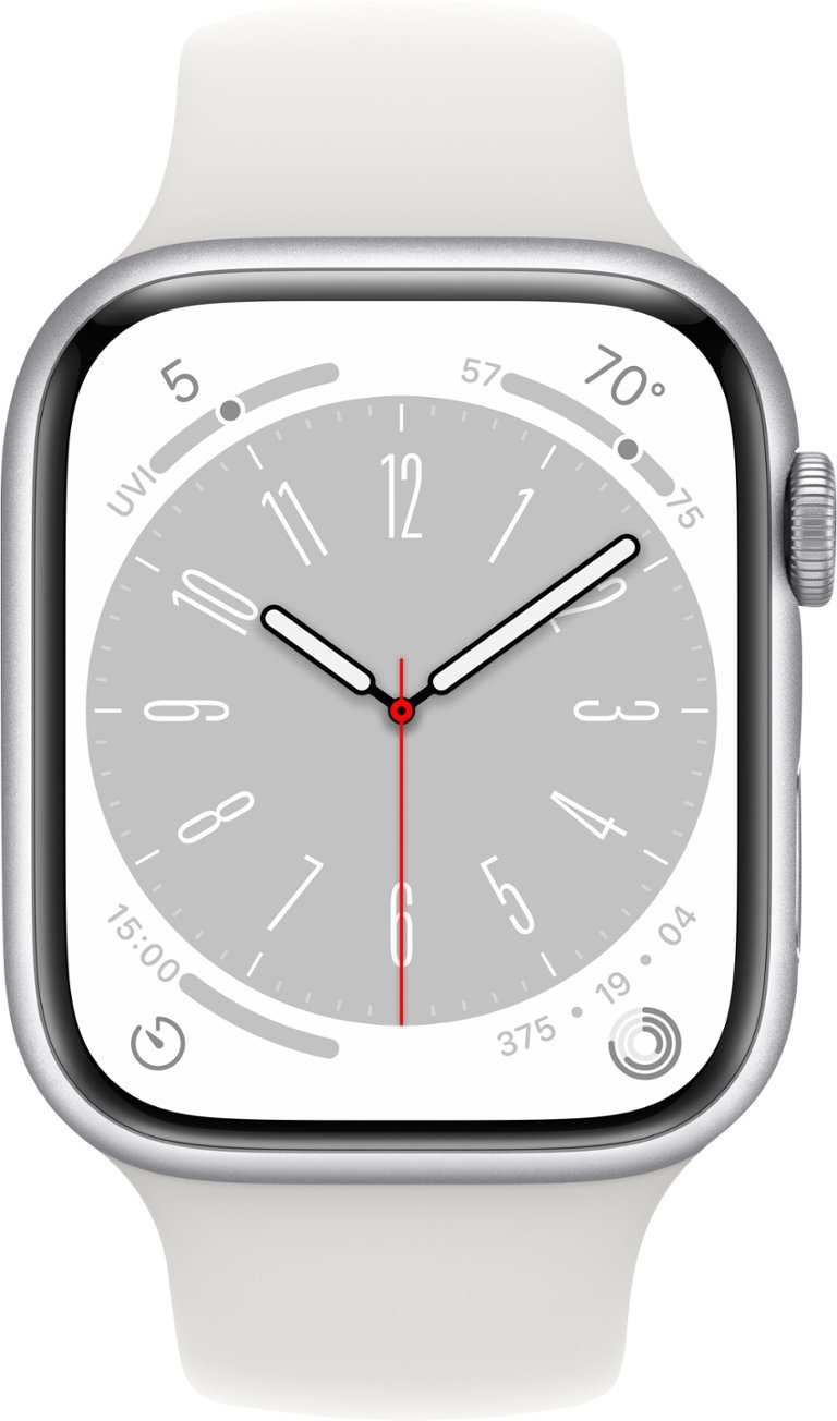 Apple Watch Series 8 (GPS + Cellular) 45mm Aluminum Case with White Sport Band - S/M - Silver-Silver