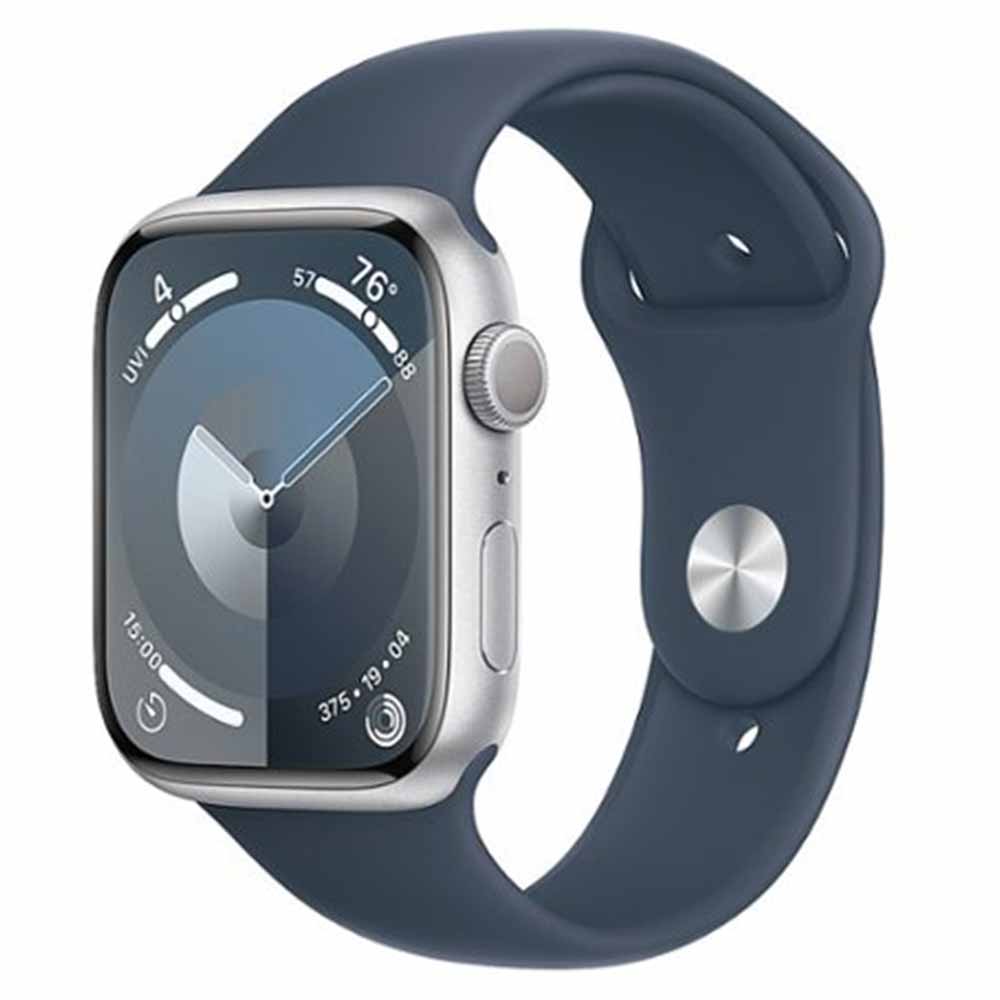 Apple Watch Series 9 (GPS) 45mm Silver Aluminum Case with Storm Blue Sport Band - S/M - Silver-45 millimeters-Silver - Aluminum - Sport Band - Storm Blue